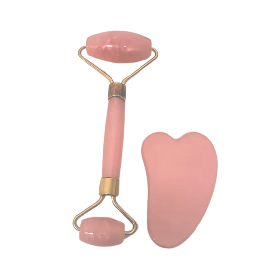 Kit Massageador Facial Roller + Gua sha de Resina Rosa