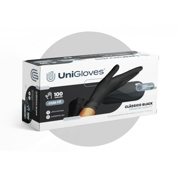 Luva Látex Clássico Black Premium Quality C/ Pó Cx 100 Und - UniGloves
