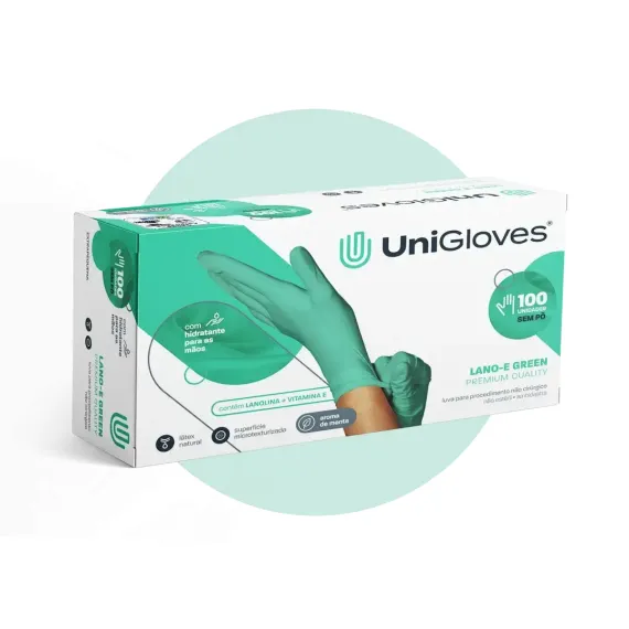 Luva Látex Premium Quality Lano-E Green S/ Pó Cx 100 Und - UniGloves