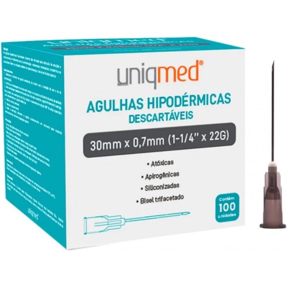 AGULHAS HIPODERMICAS 22G Cx 100un 30X0,7 - UNIQMED