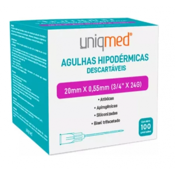 AGULHAS HIPODERMICAS 24G Cx 100un 20X0,55 - UNIQMED