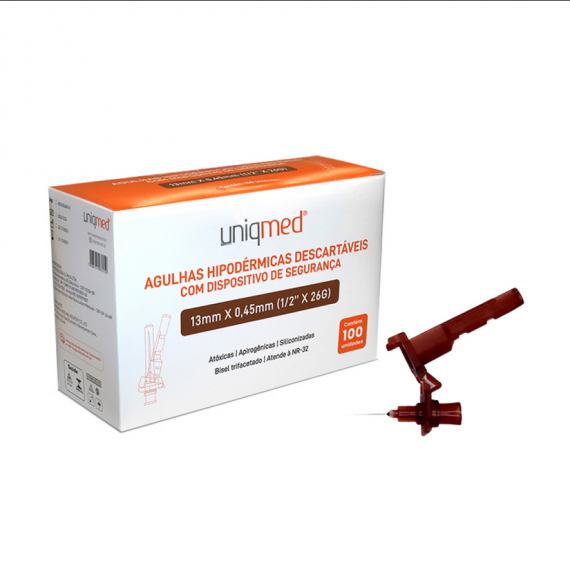 AGULHAS HIPODERMICAS 26G Cx 100un 13X0,45 - UNIQMED COM DISPOSITIVO DE SEGURANÇA 