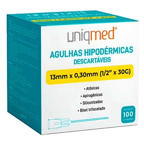 AGULHAS HIPODERMICAS 30G Cx 100un 13X0,30 - UNIQMED
