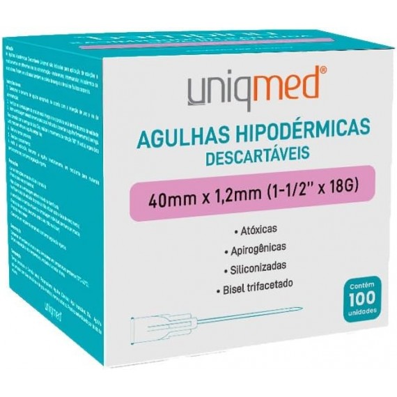 AGULHAS HIPODERMICAS 18G Cx 100un 40X1,2 - UNIQMED