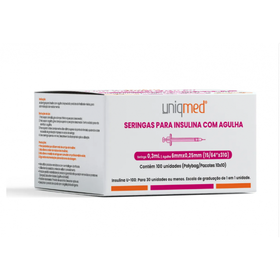 Seringas Para Insulina Kit 100un 0,3ml 6mm 31g Polybag - Uniqmed