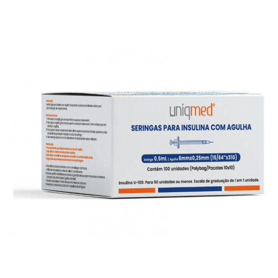 Seringas Para Insulina Kit 100un 0,5ml 6mm 31g Polybag - Uniqmed