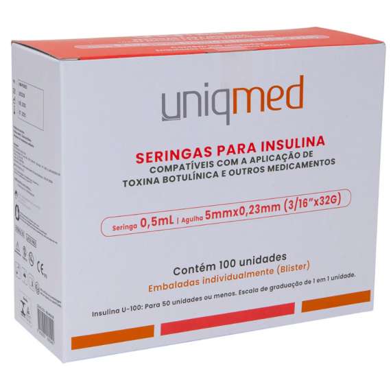 SERINGAS PARA INSULINA 32G 0,5ML 5X0,23 Cx100 BLISTER - UNIQMED