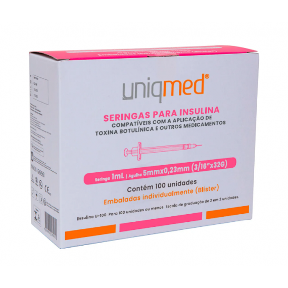 SERINGAS PARA INSULINA 32G 1,0ML 5X0,23 Cx100 BLISTER - UNIQMED