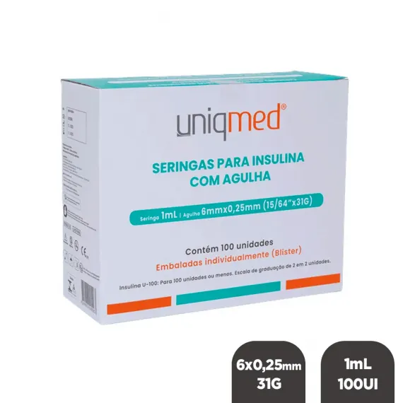 Seringa Insulina 1mL  Ag. 6x0,25mm 31G C/ 100un Blister - Uniqmed
